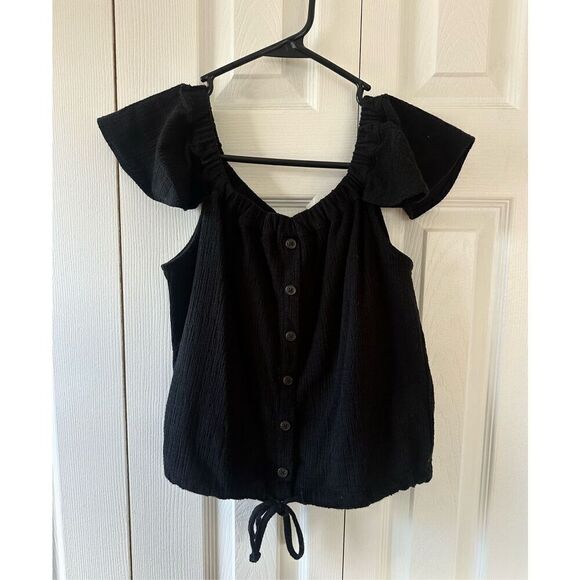 Madewell Texture & Thread Off The Shoulder Black Top with Tie Waist - Picture 4 of 9